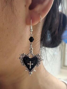 Black & Silver Gothic Heart Cross Earrings